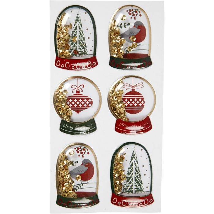 Autocollants à secouer, oiseau, arbre et boules de Noël, dim. 49x32+45x36 mm, or, 6 pièces/ 1 Pq.