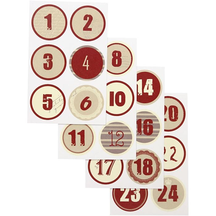 Chiffres autocollant de calendrier de l'Avent, d 4 cm, feuille 9x14 cm, 4 flles ass./ 1 Pq.