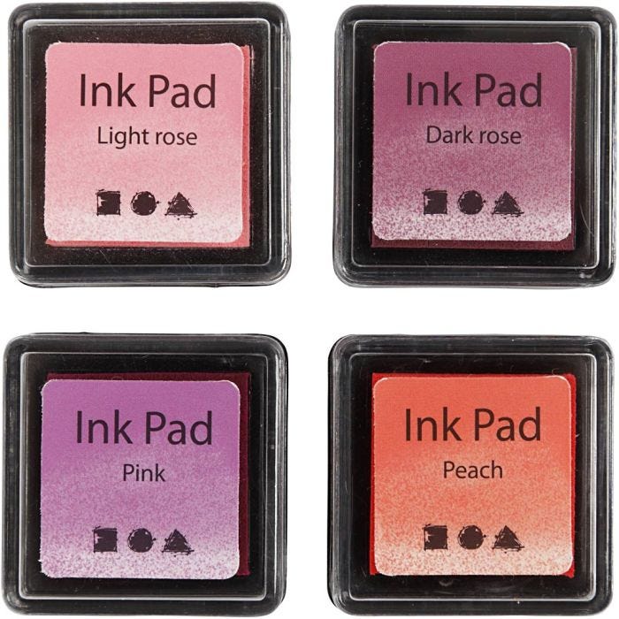 Tampon encreur , H : 2 cm, dim. 3,5x3,5 cm, Pêche, rose, rose clair, rose foncé, 4 pièces/ 1 Pq.