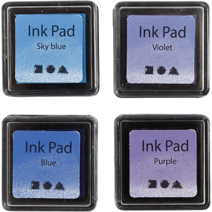 Tampon encreur , H : 2 cm, dim. 3,5x3,5 cm, bleu, bleu ciel, violet, violet, 4 pièces/ 1 Pq.