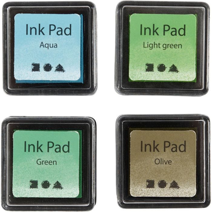 Tampon encreur , H : 2 cm, dim. 3,5x3,5 cm, vert, vert clair, olive, aqua, 4 pièces/ 1 Pq.