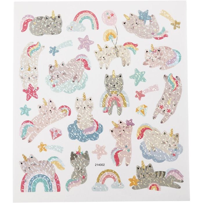 Autocollants, chats licorne, feuille 15x16,5 cm, 1 flles