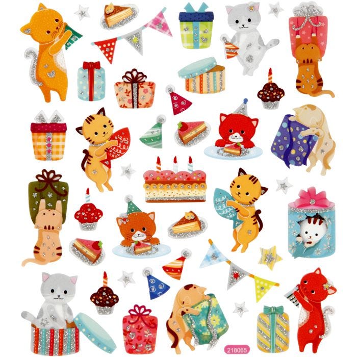 Autocollants, chats d'anniversaire, feuille 15x16,5 cm, 1 flles