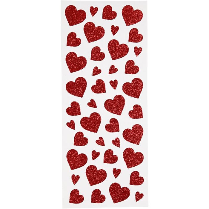 Autocollants scintillants, coeurs, feuille 10x24 cm, rouge, 2 flles/ 1 Pq.