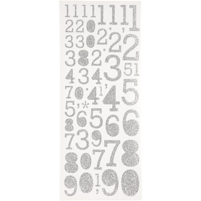 Autocollants scintillants, chiffres, feuille 10x24 cm, argent, 2 flles/ 1 Pq.