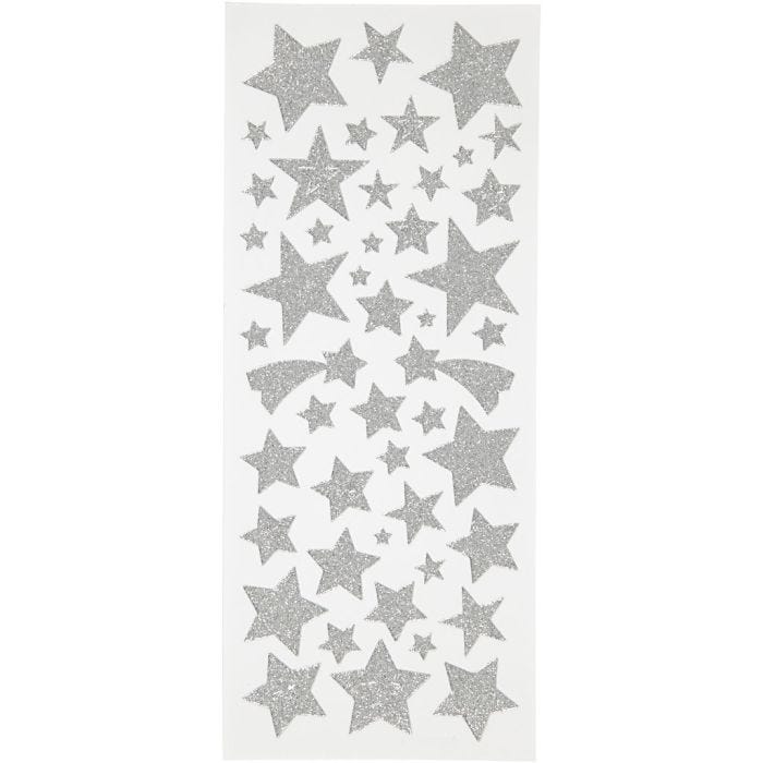 Autocollants scintillants, étoiles, feuille 10x24 cm, argent, 2 flles/ 1 Pq.