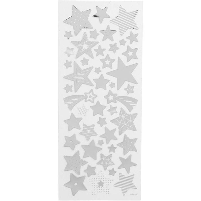 Autocollants étoiles, étoiles, feuille 10x24 cm, argent, 1 flles