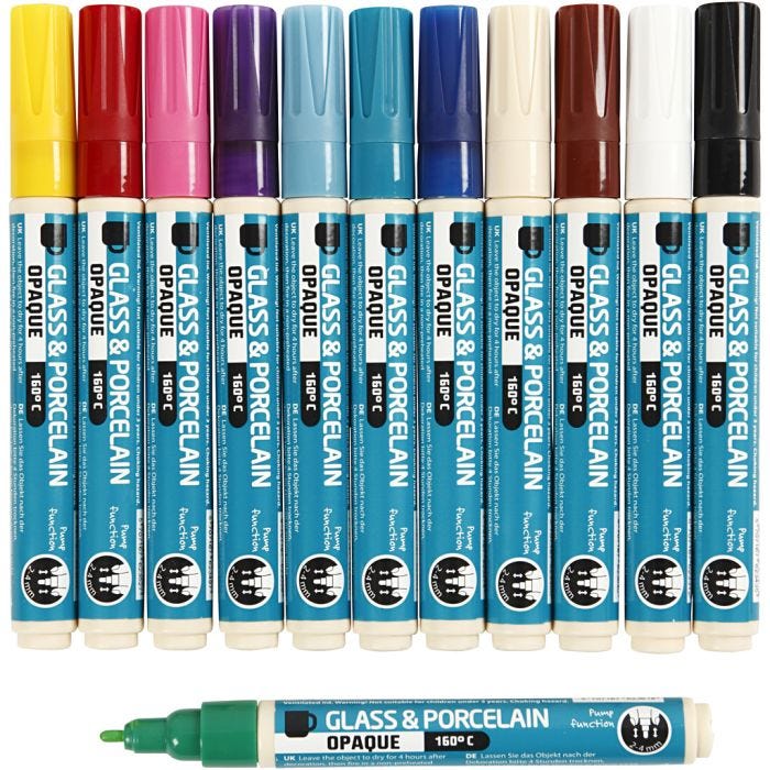 Peinture pour verre et porcelaine, trait 2-4 mm, opaque, ass. de couleurs, 12 pièces/ 1 Pq.