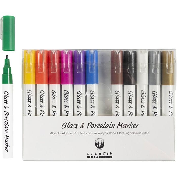 Glas- &amp; Porseleinstiften, lijndikte 1-2 mm, semi-dekkend, diverse kleuren, 12 stuk/ 1 doos