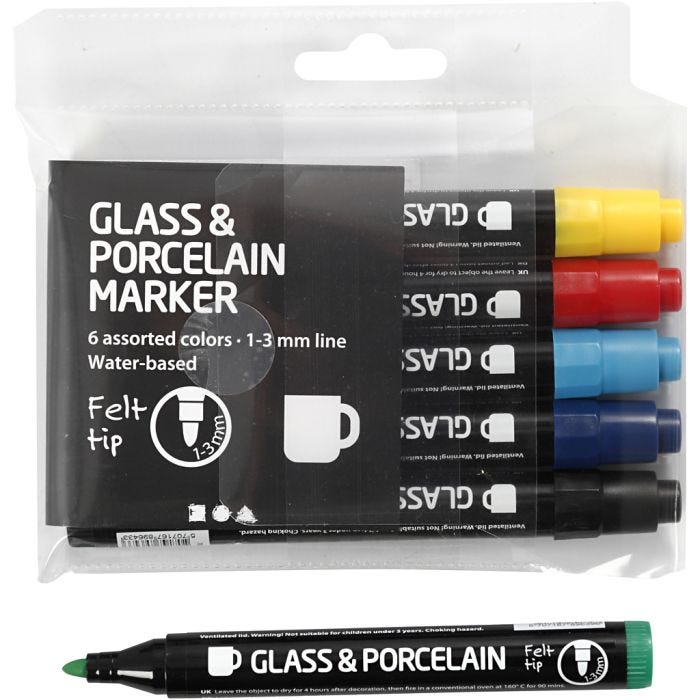 Feutres pour Verre et Porcelaine, trait 1-3 mm, semi opaque, 6 pièces/ 1 Pq.