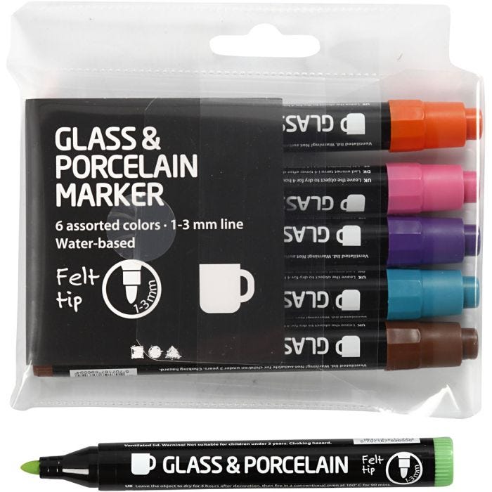 Feutres pour Verre et Porcelaine, trait 1-3 mm, semi opaque, couleur extra, 6 pièces/ 1 Pq.