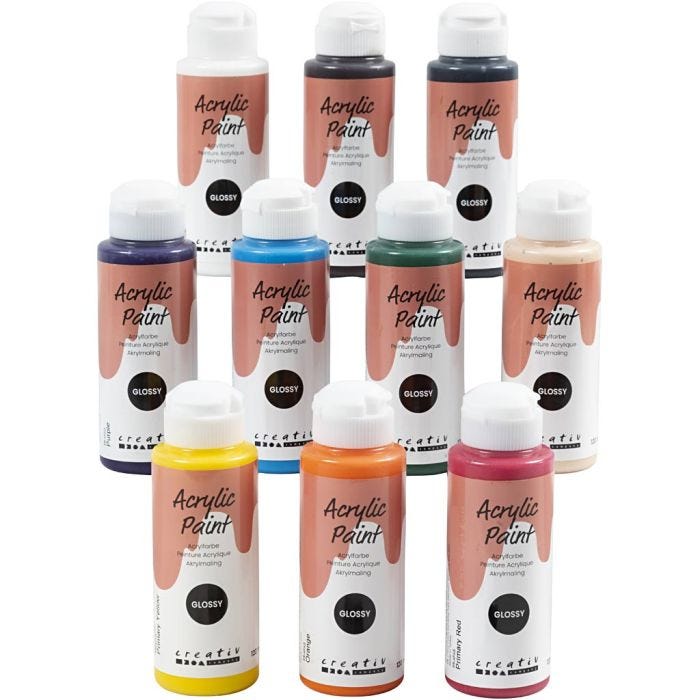 Peinture Acrylique Brillante, ass. de couleurs, 10x120 ml/ 1 Pq.