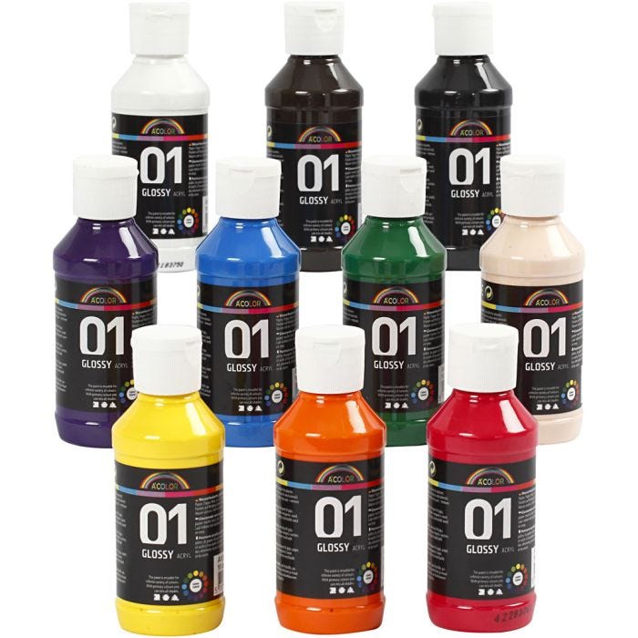Peinture Acrylique Brillante, ass. de couleurs, 10x100 ml/ 1 Pq.