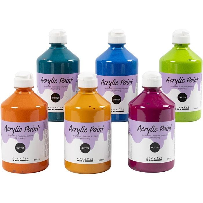 Peinture Acrylique Scintillante, ass. de couleurs, 6x500 ml/ 1 Pq.