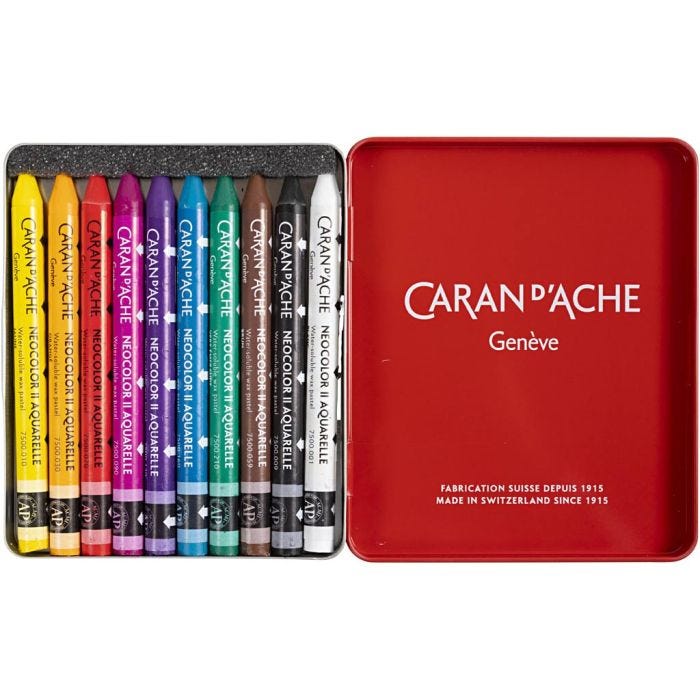 Caran d'Ache Aquarelle Neocolor 2, L : 10 cm, ép. 8,5 mm, ass. de couleurs, 10 pièces/ 1 Pq.