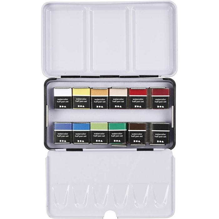 Aquarelles Art, ½-pan, dim. 10x15x20 mm, couleurs classiques, 12 couleurs/ 1 Pq.