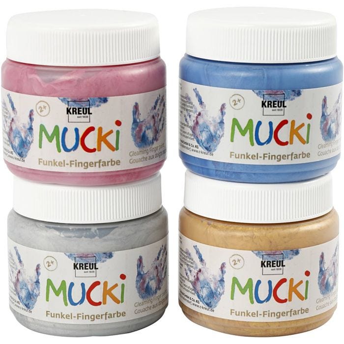 MUCKI Peinture au doigt, bleu métallique, or métallique, rose métallique, argent métallique, 4x150 ml/ 1 Pq.