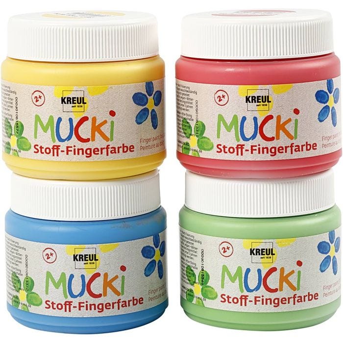 Muck Peinture au doigt, bleu, vert, rouge, jaune, 4x150 ml/ 1 Pq.