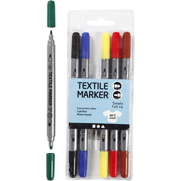 Feutres textiles, trait 2,3+3,6 mm, couleurs classiques, 6 pièces/ 1 Pq.
