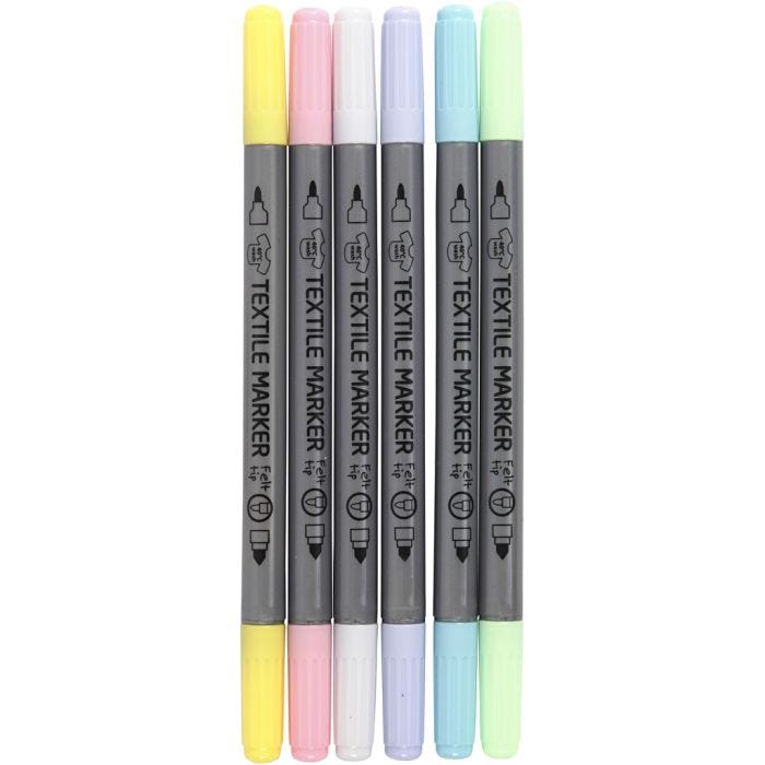 Feutres textiles, trait 2,3+3,6 mm, couleurs pastel, 6 pièces/ 1 Pq.