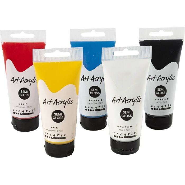 Peinture Acrylique, couleurs de base, semi-brillant, ass. de couleurs, 5x75 ml/ 1 Pq.