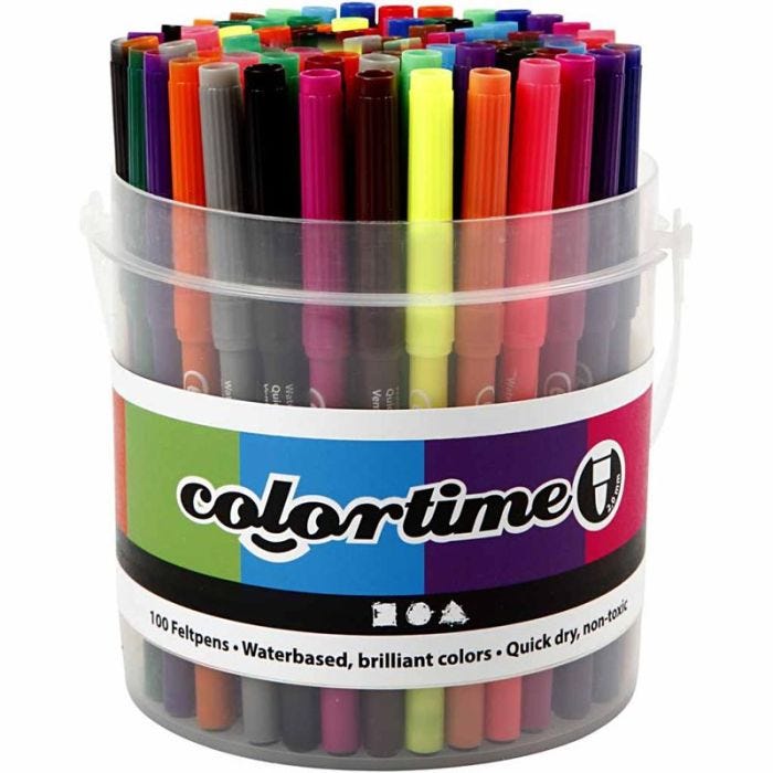 Feutres Colortime, trait 2 mm, ass. de couleurs, 100 pièces/ 1 seau