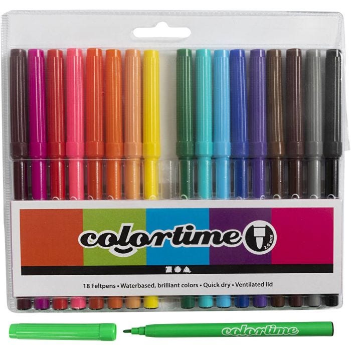 Feutres Colortime, trait 2 mm, ass. de couleurs, 18 pièces/ 1 Pq.