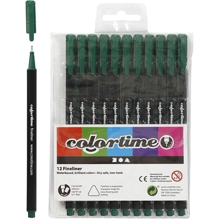 Feutres Fineliner Colortime, trait 0,6-0,7 mm, vert foncé, 12 pièces/ 1 Pq.