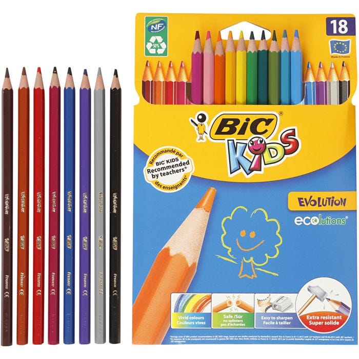 BIC Crayons de Couleur Evolution, hexagonal, L : 17,5 cm, mine 3 mm, ass. de couleurs, 18 pièces/ 1 Pq.