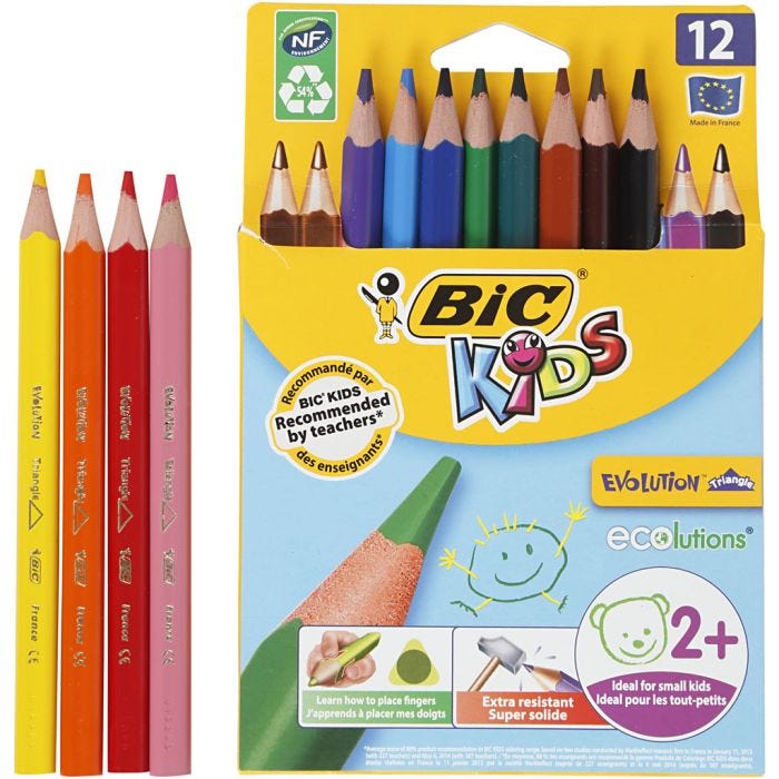 BIC Crayons de Couleur Triangulaires Evolution, L : 14 cm, mine 5 mm, ass. de couleurs, 12 pièces/ 1 Pq.