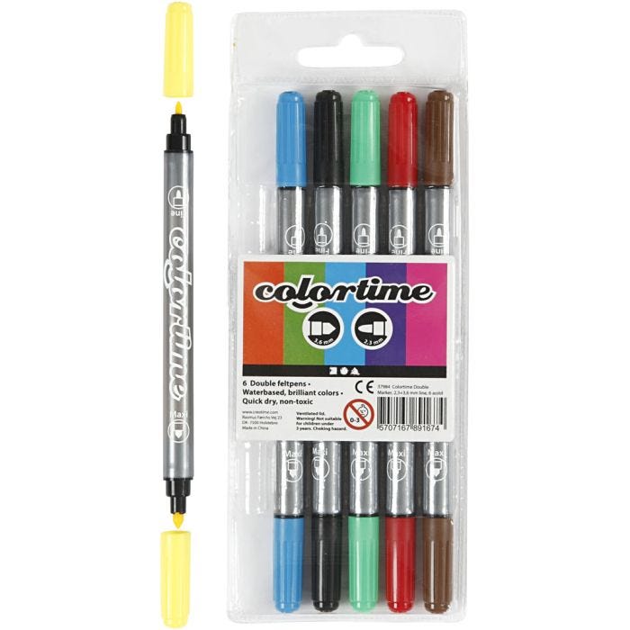 Feutres Colortime Double Pointe, trait 2,3+3,6 mm, couleurs classiques, 6 pièces/ 1 Pq.