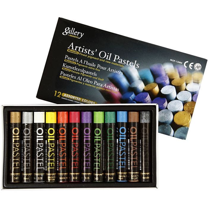 Pastels à l'huile Gallery, L : 7 cm, ép. 11 mm, couleurs métalliques, 12 pièces/ 1 Pq.