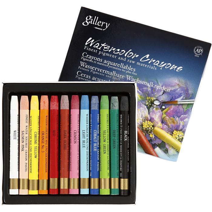 Pastels à la cire aquarellables, L : 9,3 cm, ass. de couleurs, 12 pièces/ 1 Pq.