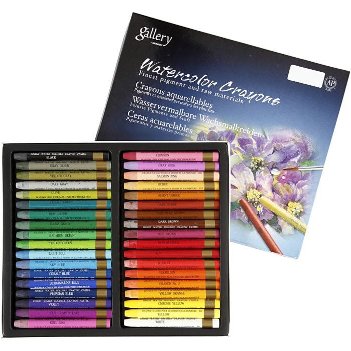 Pastels à la cire aquarellables, L : 9,3 cm, ass. de couleurs, 36 pièces/ 1 Pq.