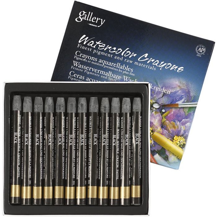 Pastels à la cire aquarellables, L : 9,3 cm, ép. 8 mm, noir (331), 12 pièces/ 1 Pq.