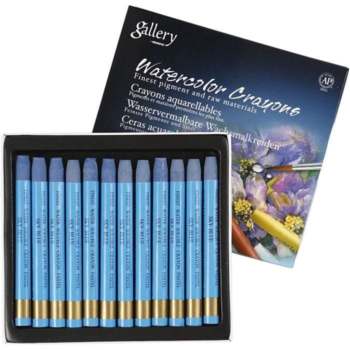 Pastels à la cire aquarellables, L : 9,3 cm, ép. 8 mm, bleu ciel (337), 12 pièces/ 1 Pq.