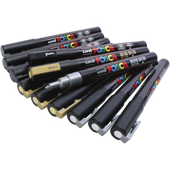 Feutre Posca, dim. PC-3M, trait 0,9-1,3 mm, noir, or, argent, 12 ass./ 1 Pq.