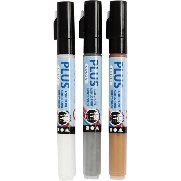 Feutres Plus Color, L : 14,5 cm, trait 1-2 mm, or, argent, blanc cassé, 5,5 ml, 3 pièces/ 1 Pq.