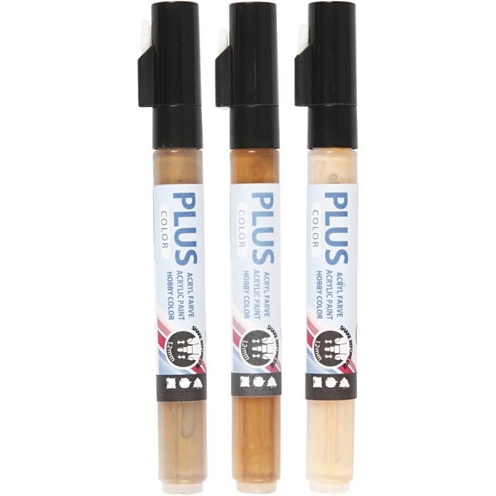 Feutres Plus Color, L : 14,5 cm, trait 1-2 mm, beige clair, or, raw sienna, 5,5 ml, 3 pièces/ 1 Pq.