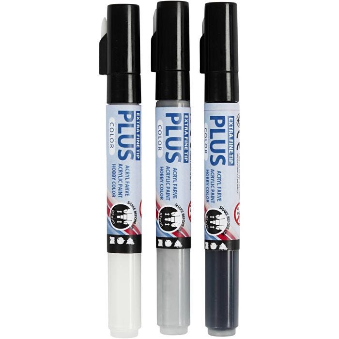 Feutres Plus Color, L : 14,5 cm, trait 0,7 mm, noir, blanc cassé, rain grey, 5,5 ml, 3 pièces/ 1 Pq.