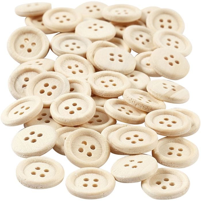 Boutons en bois, d 15 mm, 4 trous, 50 pièces/ 1 Pq.