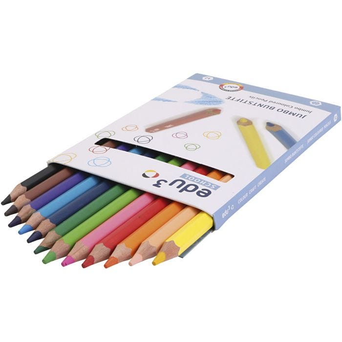 Crayons de Couleur Jumbo edu, ép. 10 mm, mine 5 mm, ass. de couleurs, 12 pièces/ 1 Pq.