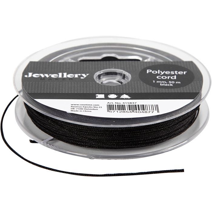 Cordon en polyester, ép. 1 mm, noir, 50 m/ 1 rouleau