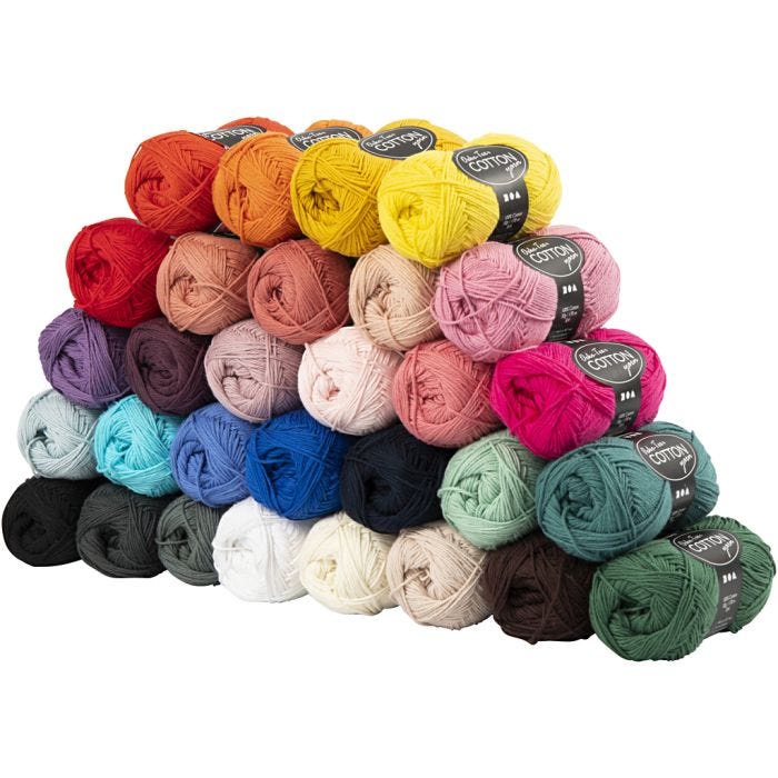 Fil de coton, dim. 8/4, L : 170 M, ass. de couleurs, 30x50 gr/ 1 Pq.