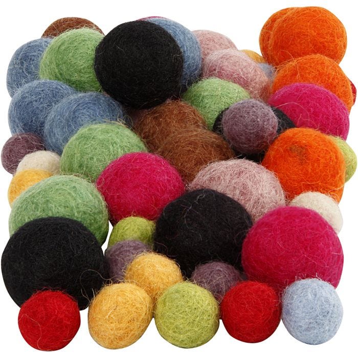 Perles feutrées, d 10+20 mm, ass. de couleurs, 52 pièces/ 1 Pq.