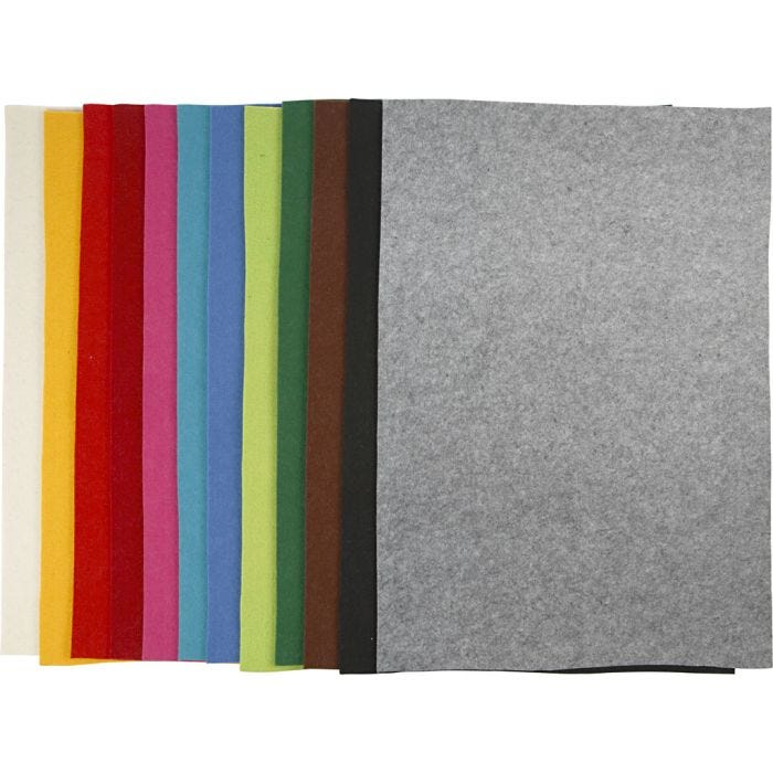 Feutrine synthétique, feuille 42x60 cm, ép. 3 mm, ass. de couleurs, 12 flles ass./ 1 Pq.