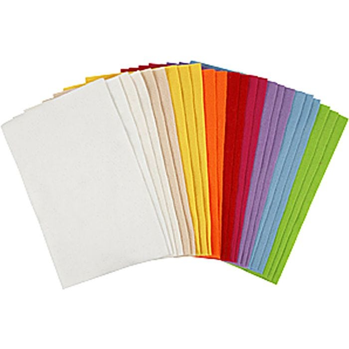 Feutrine synthétique, feuille 20x30 cm, ép. 1,5 mm, 180-200 gr, ass. de couleurs, 24 flles ass./ 1 Pq.