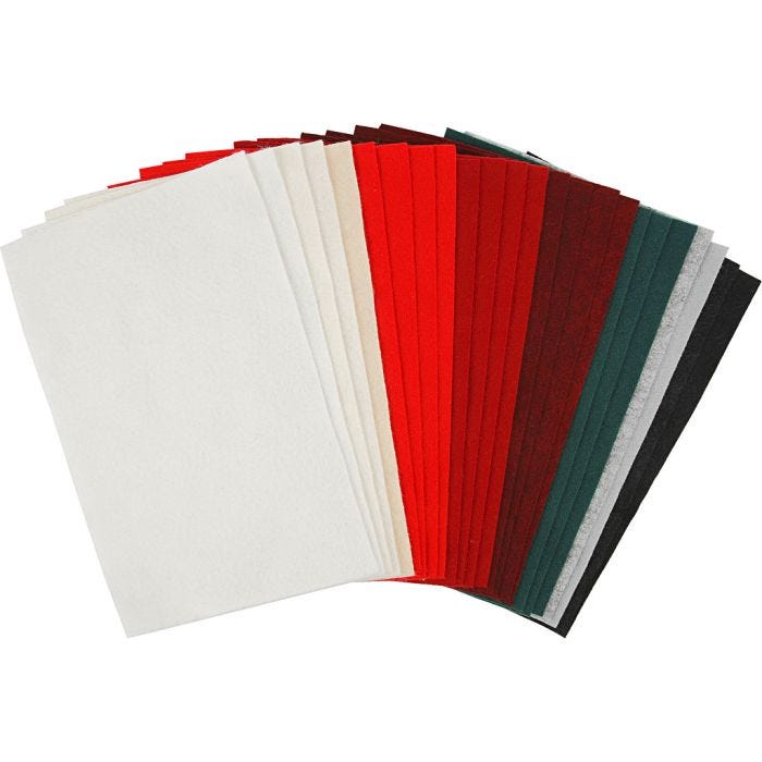 Feutrine synthétique, feuille 20x30 cm, ép. 1,5 mm, 180-200 gr, ass. de couleurs, 24 flles ass./ 1 Pq.