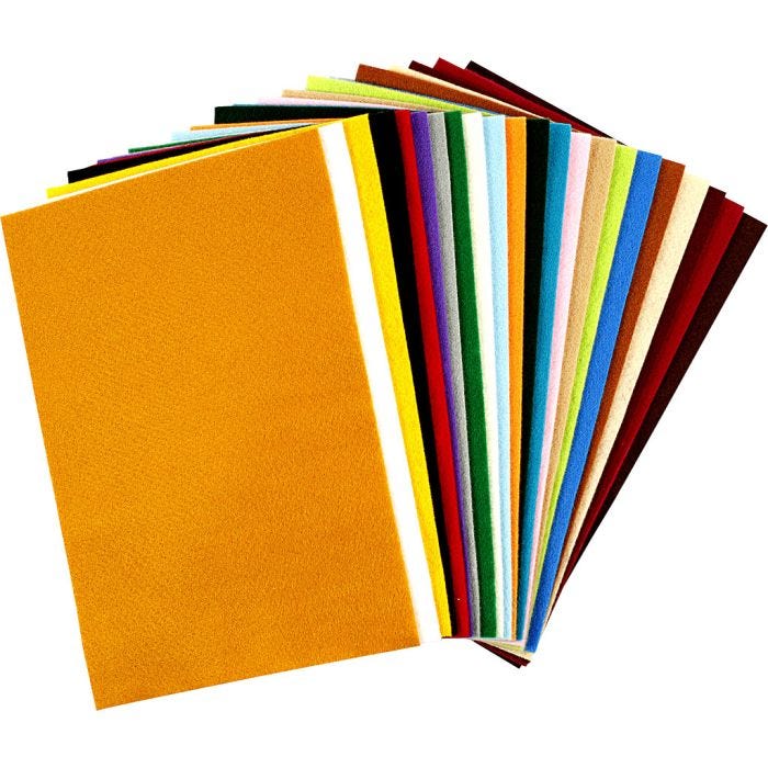 Feutrine synthétique, feuille 20x30 cm, ép. 1,5 mm, 180-200 gr, ass. de couleurs, 24 flles ass./ 1 Pq.