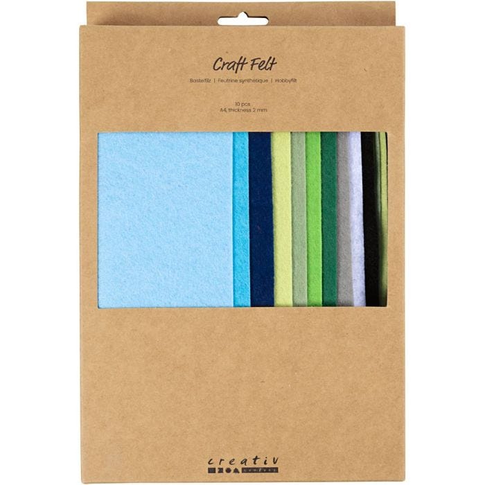 Feutrine synthétique, A4, feuille 210x297 mm, ép. 2 mm, harmonie bleu/vert, 10 pièces/ 1 Pq.